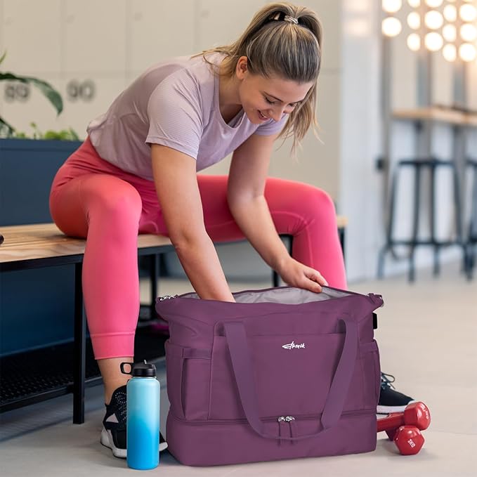 ETRONIK Gym Bag for Women, Personal Item Travel Bag with Shoes Compartment, Weekender Overnight Duffel Bag with Wet Pocket & USB Charging Port, Carry On Bag for Women, Travel, Gym, Weekend