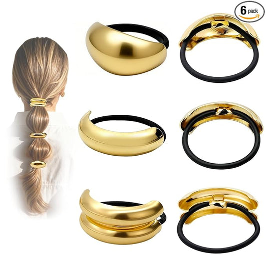 OHCISP 6Pcs Gold Hair Ties - 3 Styles Gold Hair Accessories for Women & Girls, Elegant Chic Metal Hair Cuff Non-Damage Ponytail Cuffs Holders for Thick Hair