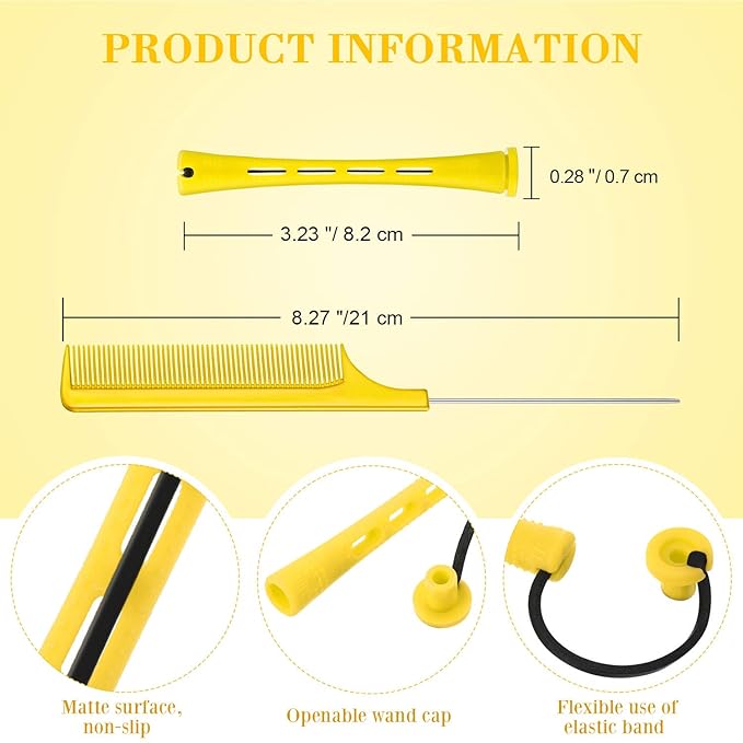 WILLBOND 96 Pcs Hair Perm Rods Plastic Cold Wave Perming Rod for Short Long Hair Curlers Heatless Roller with 2 Steel Pintail Rat Tail Comb for Hairdressing Styling Tool(0.28 Inch/ 0.7 cm,Yellow)
