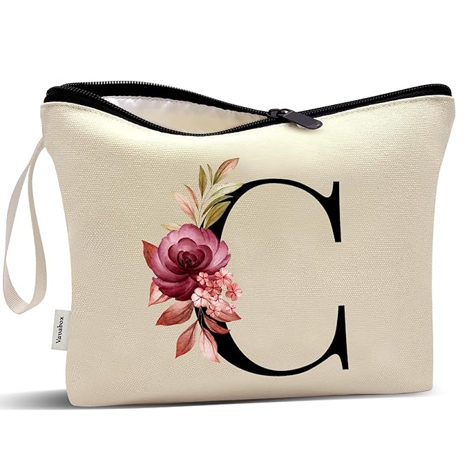 Vavabox A-Z Personalized Makeup Bag, Birthday Gifts for Women Mom, Gifts for Best Friend, Bride Bridesmaid Cosmetic bag (C, Yellow)