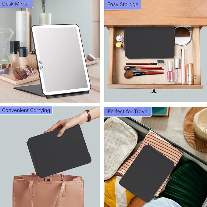 FUNTOUCH 10x7.5 Portable Large Travel Makeup Mirror with Light, 1800mAh Rechargeable Lighted Travel Makeup Mirrors with 3 Color Lights, Dimmable Folding Light Up Make up Mirror with Small 10x Mirror