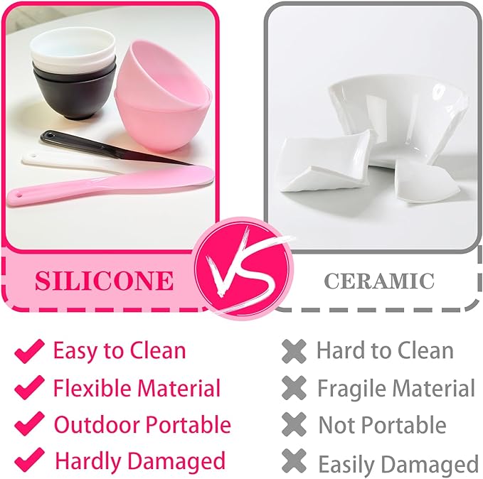 9Pcs Face Mask Mixing Bowl DIY Silicone Facial Mask Bowl for Home Salon Spa Face Skin Applicator Bowl with Stir Sticks, Black,White,Pink