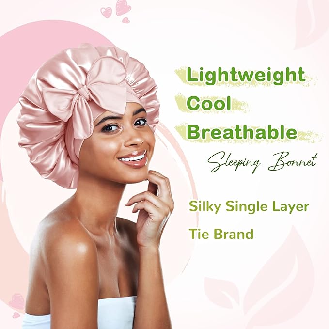 BONNET QUEEN Silk Bonnet for Sleeping Women Satin Bonnet Night Sleep Cap Wrap for Curly Hair with Adjustable Tie Band, Cream Pink