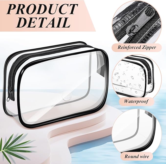 16 PCS Clear Makeup Bags,Clear Toiletry Bags TSA Approved,Waterproof Clear Cosmetic Bags,PVC Travel Bag with Zipper,Portable Transparent Cosmetic Pouches for Women Men Vacation(Black,Medium)