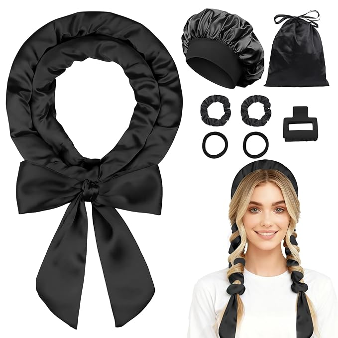 70" Heatless Curls Overnight Hair Curlers to Sleep In for Long Hair, Overnight Curls Heatless Hair Curler No Heat Curlers, Soft Satin Heatless Curling Set with Bonnet for Women - 8 PCS, Black