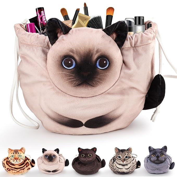 Drawstring Makeup Bag - Travel Organizer, Cosmetic Pouch, Cat Gift for Women, Lay Flat Bag for Cat Lovers