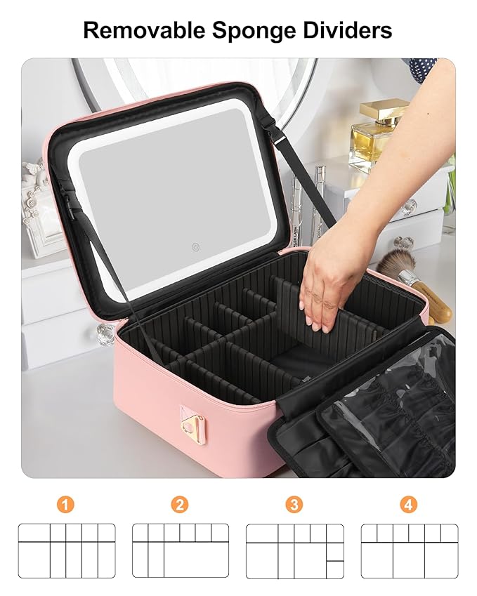 Relavel Large Makeup Case with LED Mirror, Train Cosmetic Case with Separate Brush Board, Professional Makeup Organizer Storage with Detachable Dividers for Makeup Artists, Hairstylist - Pink