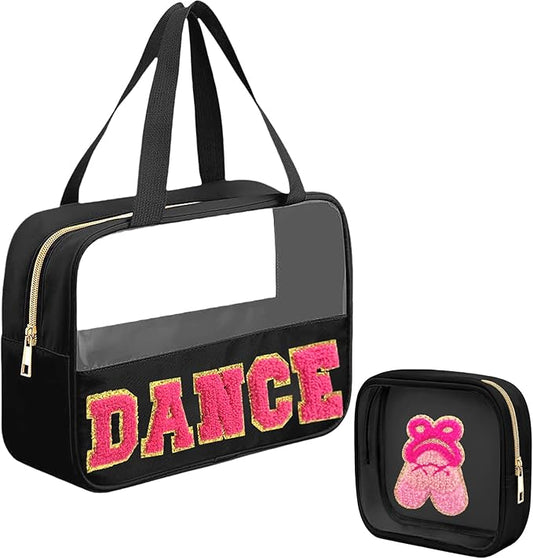 2 Pcs Chenille Letter Bags for Dance Recital Gifts Small Ballet Dance Makeup Bag with Handle and Zipper Waterproof Nylon Portable Toiletry Bag, Dance Competition Must Haves