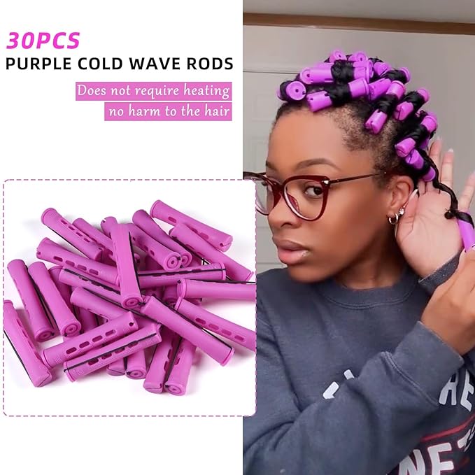 FEEL ME 30Pcs Purple Perm Rods for Long Short Hair, Plastic Cold Wave Rods, Non-Slip, Heatless, Medium Size