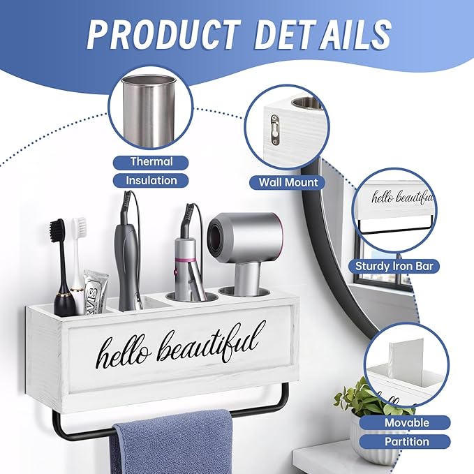 Hair Dryer Holder Wall Mounted, Hair Tools and Styling Organizer with Towel Bar, Farmhouse Beauty Hair Appliance Holder for Flat Iron, Curling Wand, Towel Rack (White)