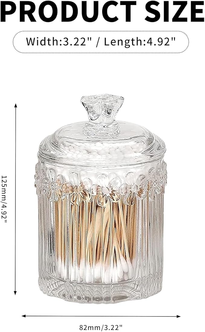 PENCK 2pcs Elegant Glass Qtip Holder Cute Apothecary Jars with Lid Stylish Hair Ties Candy Jar Bathroom Canister Essentials Accessories Decor Makeup Storage Organizer for Cotton Swabs, Balls (Clear)