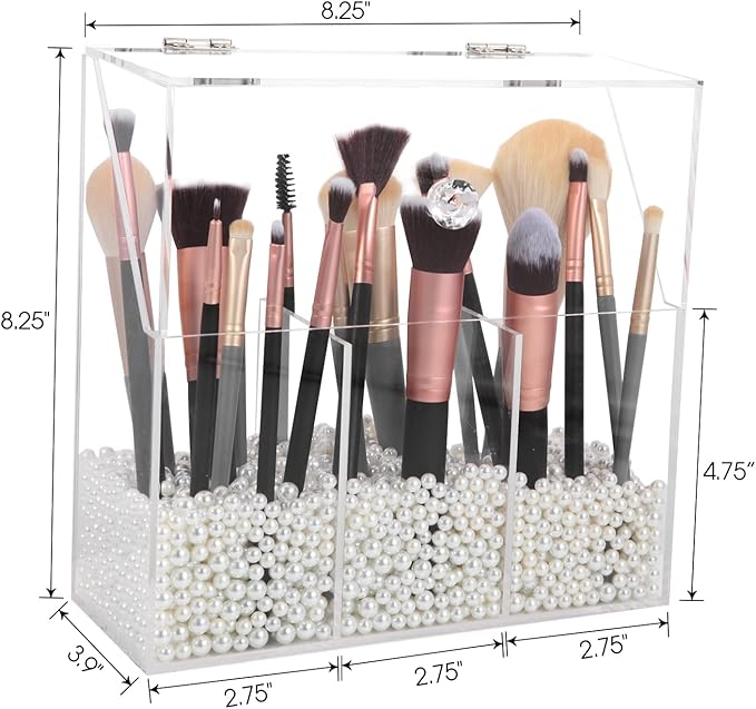 Acrylic Makeup Brush Holder, Clear Cosmetic Storage Box with 3 Brush Holders, Dust Cover, Large-Capacity Split Design for Organizing Vanity Desk