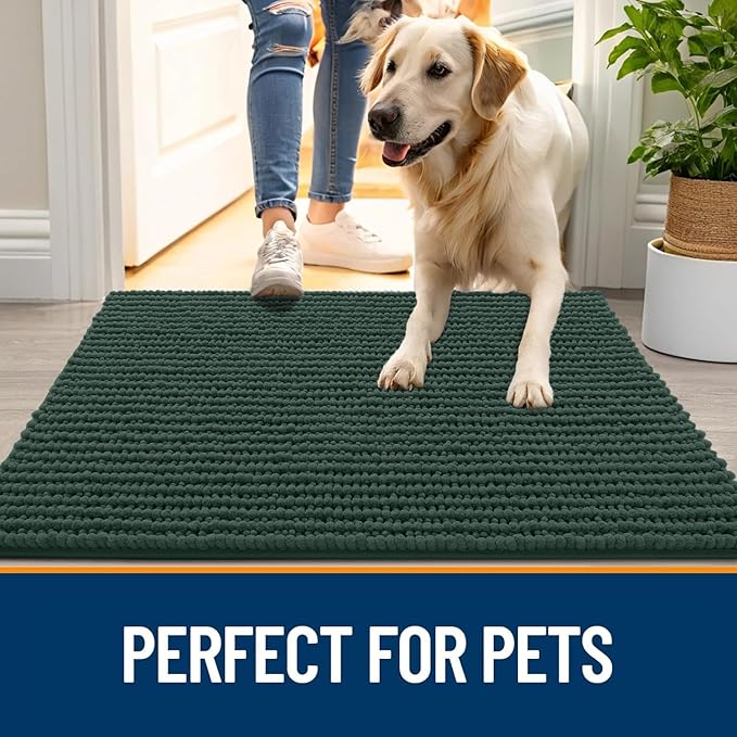 OLANLY Dog Door Mat for Muddy Paws 59x24, Ultra Absorbent Chenille Mud Doormat, Non-Slip Washable and Dirt Trapping Doormat for Indoor Entryway, Quick-Dry Indoor Pet Bed Mats for Dogs, Blackish Green
