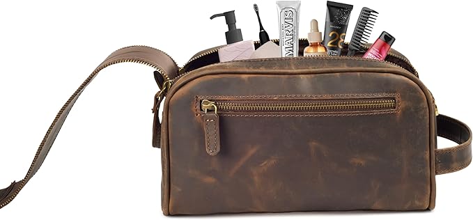 LEATHER VILLAGE Genuine Leather Toiletry Travel Pouch With Waterproof Lining - Brown | King-Size Handcrafted Vintage Dopp Kit Bag, Shaving & Bathroom Organizer, Gift for Men & Women