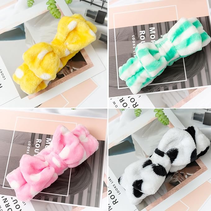 12pcs Spa Headband Soft Bowknot Spa Hair Band Coral Fleece Headband Makeup Headbands for Face Washing Skin Care Shower Yoga Headwraps for Women Girls (Pattern E)