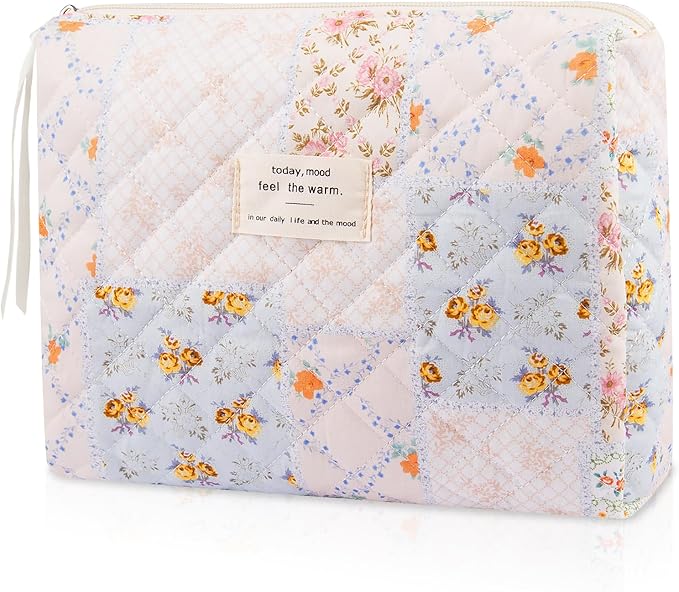 Gosect Floral Makeup Bag, Small Cosmetic Bag for Women Girls, Cute Cotton Makeup Bag, Quilted Makeup Bags, Flower Travel Toiletry Organizer Bag(Folk Style)