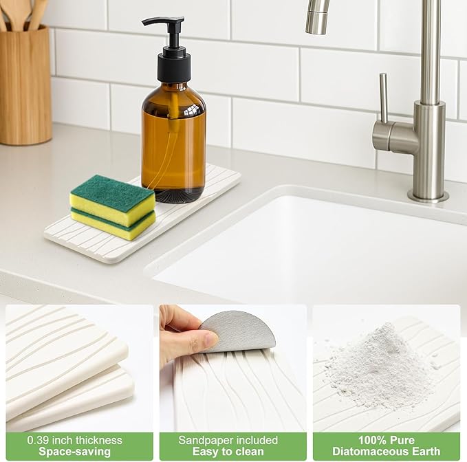 Water Absorbing Stone Tray for Bathroom Sink Stone Drying Mat for Kitchen Counter Diatomite Sink Soap Dispenser Trays Quick Dry Mat Kitchen Decor Diatomaceous Earth Vanity Tray Bathroom Accessories