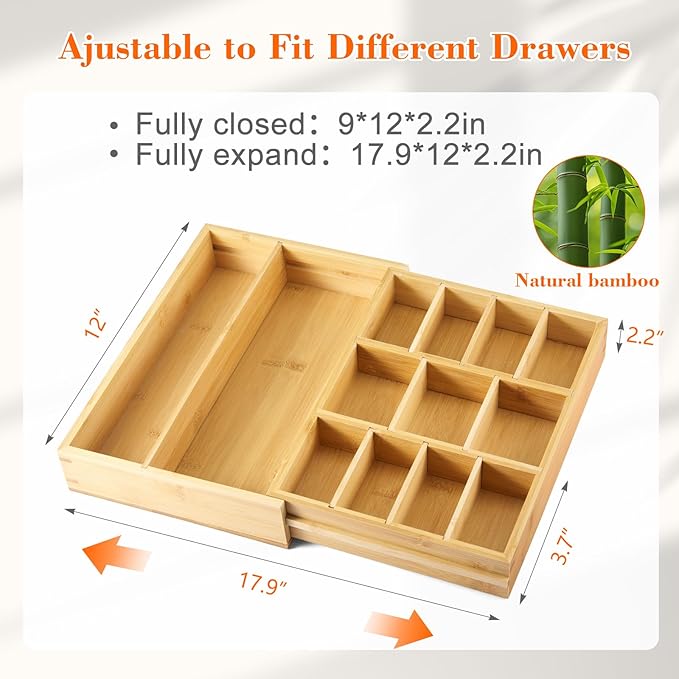 1 Pcs Bamboo Desk Drawer Organizer Wood 2 Inch Height Expandable Drawer Organizer Trays with 13 Adjustable Compartments Desk Accessories for Makeup Silverware Office Bathroom(Wood, Natural)
