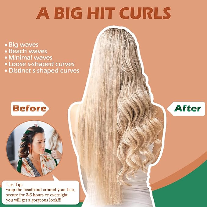 Heatless Curls Overnight Headband, 70'' No Heat Hair Curlers for Medium Long Hair, Green Orange
