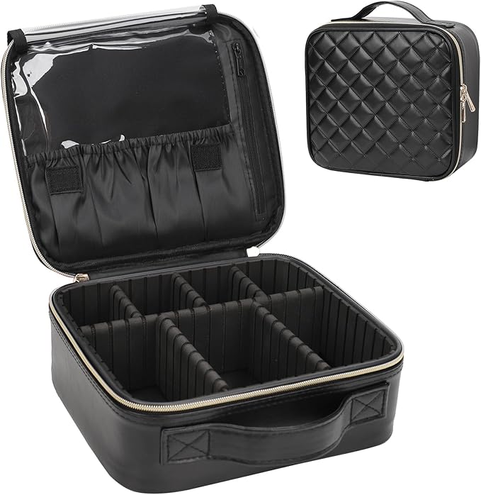 Relavel Makeup Bag, Travel Cosmetic Train Case Organizer Portable Artist Storage Bag with Adjustable Dividers for Cosmetics Makeup Brushes Toiletry Jewelry Digital Accessories Quilted Leather Black