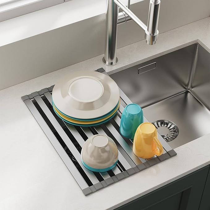 Aluminum Roll Up Dish Drying Rack Over The Sink, 17.7" x 13.4" Rust-Proof Foldable Dish Drainer Mat, Heat Resistant Trivet & Kitchen Sink Cover, Fits Sinks up to 16.8" Wide, Matte Gray
