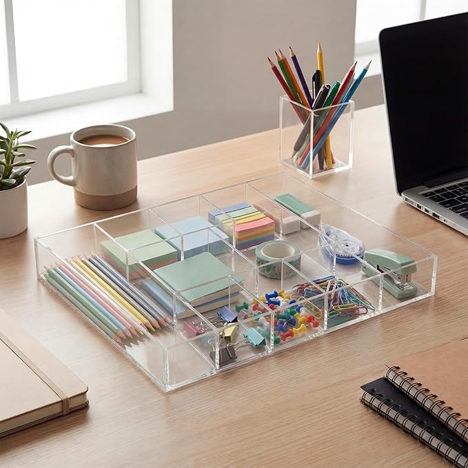 Large Acrylic Desk Deep Drawer Organizer with Adjustable Dividers, Anti-Skip Clear Desk Top Organizer Tray for Pens, Desktop, Office, Bathroom, Kitchen, Makeup Supplies(10 Compartments)