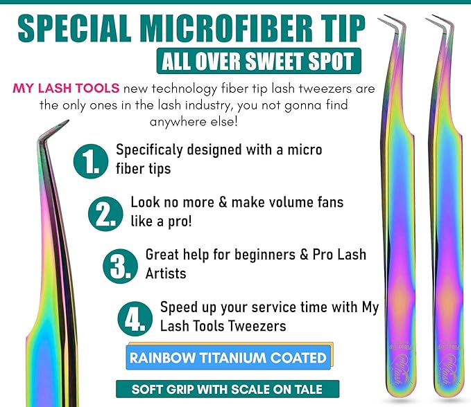 2pcs Fiber Tip Lash Tweezer Set – 90 Degree Volume Eyelash Extension Tweezers, Precision Stainless Steel, Professional Isolation Tools for Classic, Volume, Mega Volume Fans, Non Slip Grip (Rainbow)