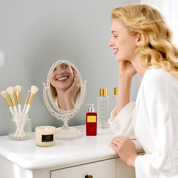 DEAYOU 4 Pack Oval Shaped Cosmetic Mirror, Vintage Vanity Tabletop Mirror Double Sided, Rotatable Cute Dresser Mirrors with Stand for Makeup, Girl, Women, Beauty, Spa Party, 4 Color
