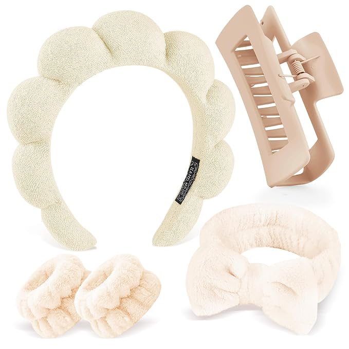 Zkptops 5Pcs Spa Headband for Washing Face Wristband Set Sponge Makeup Skincare Terry Cloth Bubble Soft Hairband Claw Clips for Thick Hair Puffy Padded Headwear Non Slip Hairs Accessory (Beige)