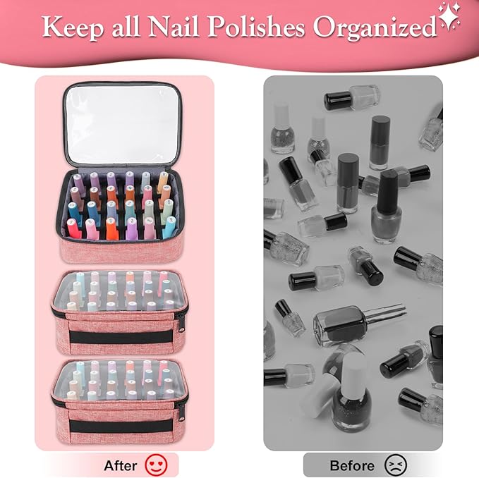 YOREPEK Nail Polish Organizer Holds 72 Bottles (15ml-0.5 fl.oz) Large Nail Polish Carrying Case with 3 Removable Pouches and 4 Zippered Pockets for Manicure Tools, Supplies, Nail Lamp, Gift for Women
