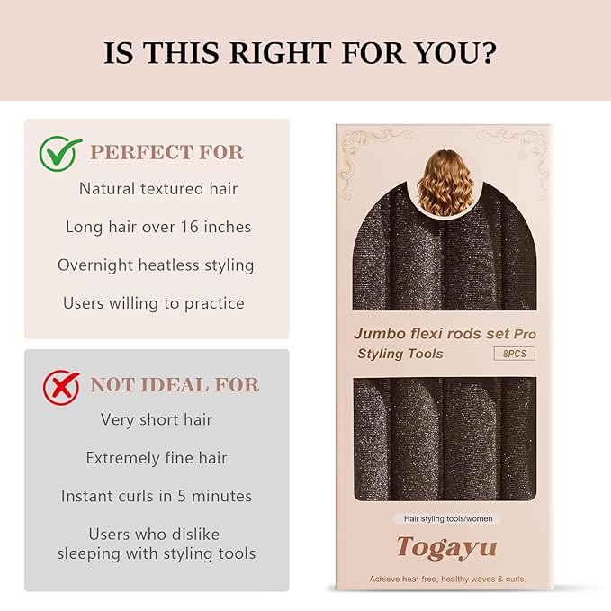 Heatless Curls Overnight Set for Natural Hair, Comfortable Easy-Lock Rollers, Heat-Free Hair Curlers for Long Textured Hair, 6PCS Brown