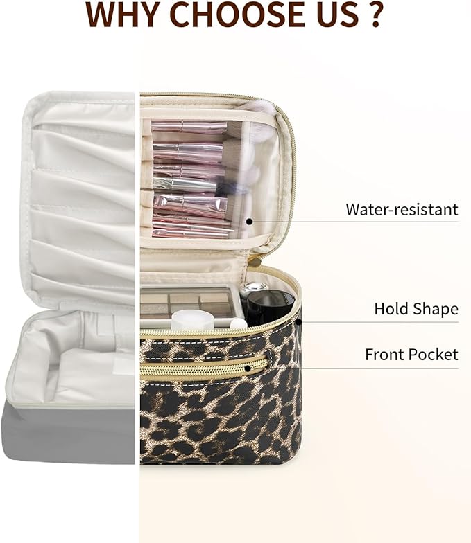 Wandering Nature Makeup Bag, Travel Make Up Organizer Cosmetic Brush Bags Case for Women in Vegan Leather, Leopard Print, Patent Pending