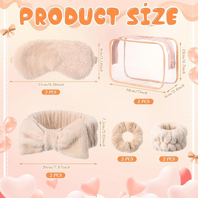 Hoteam 10 Pcs Galentine Spa Party Supplies Valentine Gift Set Sleepover Party Favor Spa Headband Wristband Sleep Eye Mask Velvet Scrunchies for Skin Care Makeup Slumber Night Favor(Khaki)