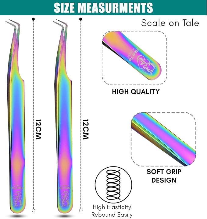 2pcs Fiber Tip Lash Tweezer Set – 90 Degree Volume Eyelash Extension Tweezers, Precision Stainless Steel, Professional Isolation Tools for Classic, Volume, Mega Volume Fans, Non Slip Grip (Rainbow)