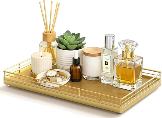 Large Bathroom Vanity Tray – 13" x 8" Oak Decorative Wooden Tray for Bathroom Countertop & Vanity Organizer, Rectangular Wood Tray for Perfume, Skincare, Storage, Vanity Dresser Counter Decor, Gold