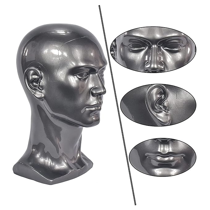 PVC Male Mannequin Head Metallic Grey Male Manikin Stand Model Display Hat Scarf Wigs Hair Glasses Hat Beauty Styling Tool with Mount Hole (L30-Bright Grey)
