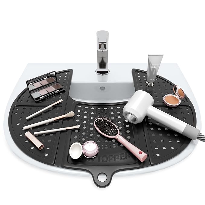 Sink Topper Bathroom Counter Cover & Storage Saver, Foldable Silicone Mat for Hot Tools, Hair Styling & Makeup, Beauty Brush Cleaning Mat, RV Camper Sink Cover & for Small Spaces (Standard Black)