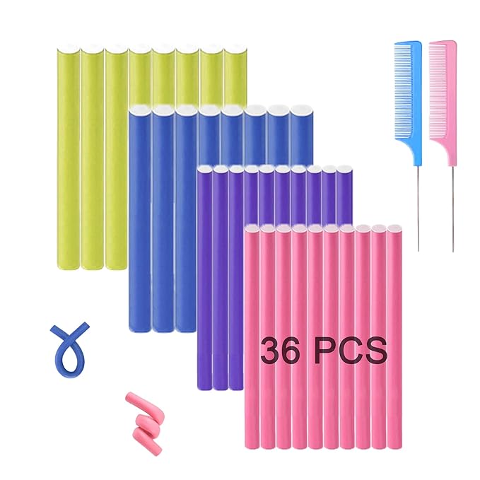 36Pcs Flexible Hair Rollers and Curlers Set - 7" 0.63" & 0.47" Bendable Soft Foam Rods for Heatless Curling Short & Long Hair
