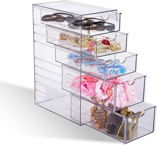 Hair Accessories Organizer, Clear Hair Ties and Pins Organizer Storage Box, Plastic Drawer Storage with 5 Different Sizes Drawers, Hair Accessory Container for Bathroom Closet Desk Office
