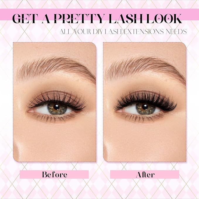 DIY Lash Extension Kit Individual Lashes Clusters Lash Bond and Seal, Clusters Lash Glue Remover and Eyelash Tweezers for Eyelash Extensions (40D-0.07C, 15-20mm, Kit)