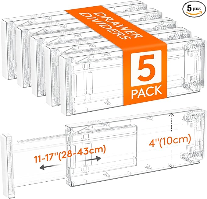 Lifewit Clear Drawer Dividers Adjustable Clothes Drawer Organizers, Expandable Drawer Separators, 5 Pack, 4" High/11-17 Long