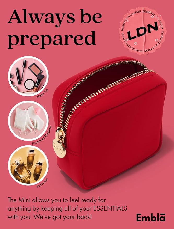 Embla Makeup Bag Travel Cosmetics Pouch and Toiletry Bag, Nylon Zipper Pouch Purse, Cute Make Up Organizer Storage Tote for Women Girls, Waterproof Travel Skincare Case, Small Makeup Bags, Ruby Red