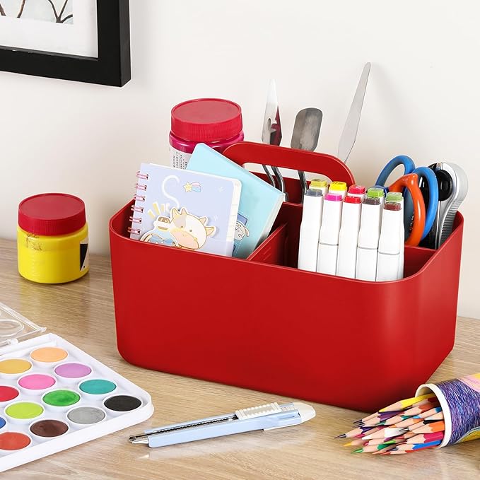 Multiuse Caddy Organizer with Handle - Stackable Plastic Tote Bin - Art Craft Supplies, Office, Desk, Stationery Pen Holder, Kitchen, Utensil, Makeup, Bathroom, Shower, Cleaning, Dorm Organizer - Red