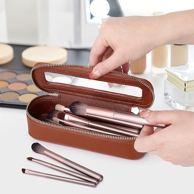 Travel Makeup Set Waterproof Transparent Cosmetic Bag and Toiletry Bag Makeup Brush case with Zipper Car Essentials for Women (Brown, L+M+SLIM)