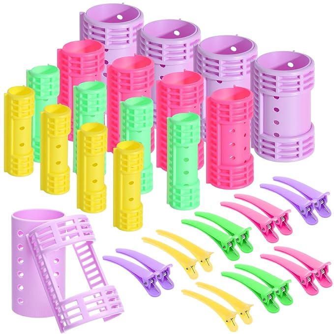 WILLBOND 65 Pieces Magnetic Hair Rollers Set Plastic Rollers Curlers with Clips 4 Sizes for Long Medium Short Hair, Duck Clips Hairnet Hairdressing Styling Tool(Light Color)