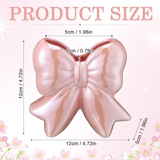 Bow Vase Coquette Ceramic Vase Pen Holder Makeup Brush Holder Contemporary Design Decorative Women Gift for Christmas Home Office Shelf Table Room(Iridescent Pink,Small,Classic)