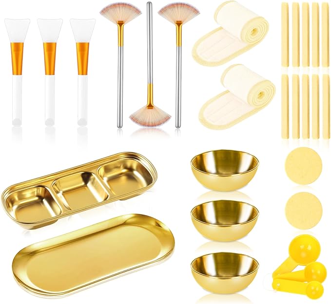 28 Gold Facial Supplies 3 Facial Mask Mixing Bowls 3 Facial Fan Brushes 3 Mask Applicator Brushes 3 Mask Measuring Spoons Skincare Tray 3-Compartment Serving Tray 12 Facial Sponges 2 Spa Headbands