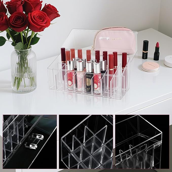 Wiojtry Acrylic Lipgloss Lip Gloss Holder & Rollerball Perfume Organizer for Compact Essential Oil Rollerball Perfume Holder, Makeup Brush, 18 Slots Tubular Storage Display Cabinet With Cover