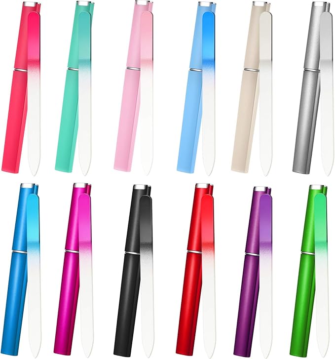 Mudder 12 Pieces Glass Nail Files for Natural Crystal Double Sided Finger Nail Files with Cases for Manicure Women Care(Assorted Color)