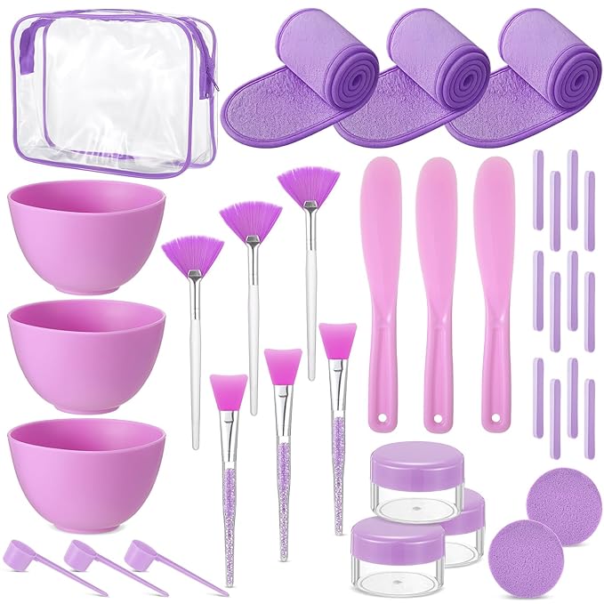 LemonRoad 34 Pcs Esthetician Facial Supplies Include Facial Bowls Brushes Jars Measuring Spoons Hairbands Esthetician Essentials Valentines Gift Set For Women(Purple)